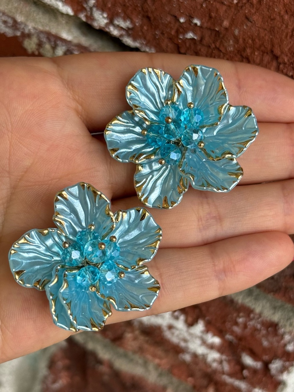 Blue Floral Crystal Statement Earrings - Gold Trim